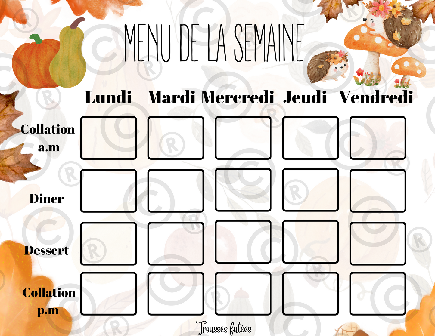 Menu de la semaine - Octobre - 5 pages