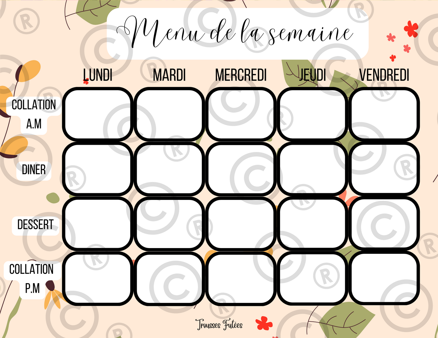 Affiches pour menu de la semaine - Avril - 5 pages