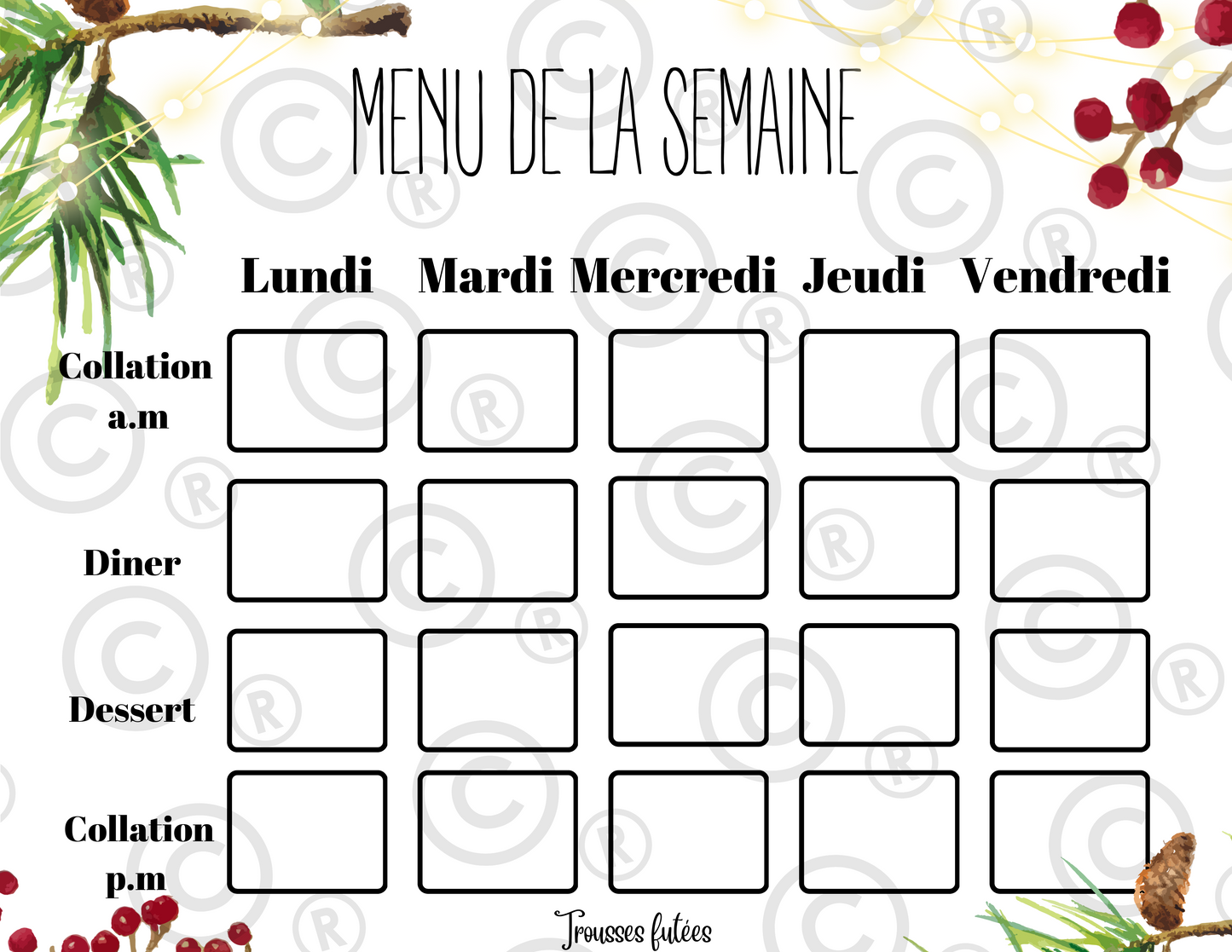 Menu de la semaine - Décembre - 5 pages