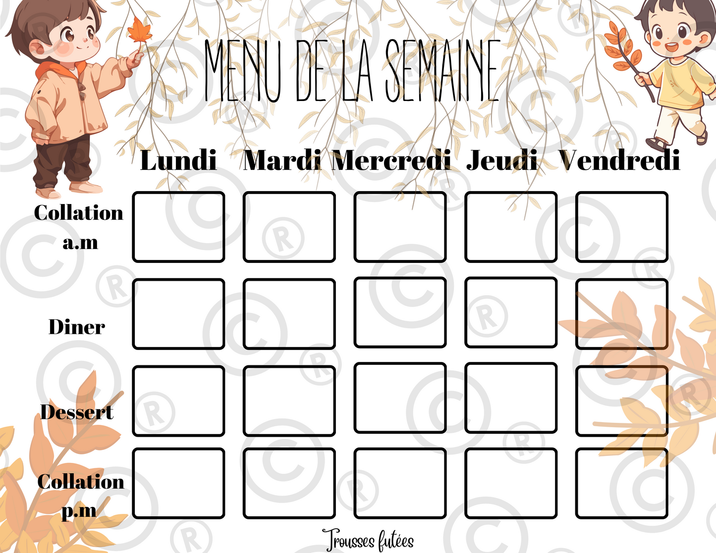 Menu de la semaine - Octobre - 5 pages