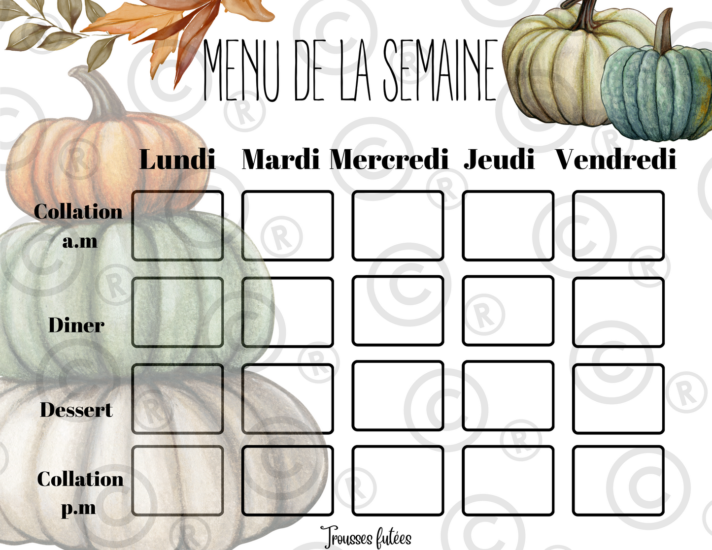 Menu de la semaine - Novembre - 5 pages