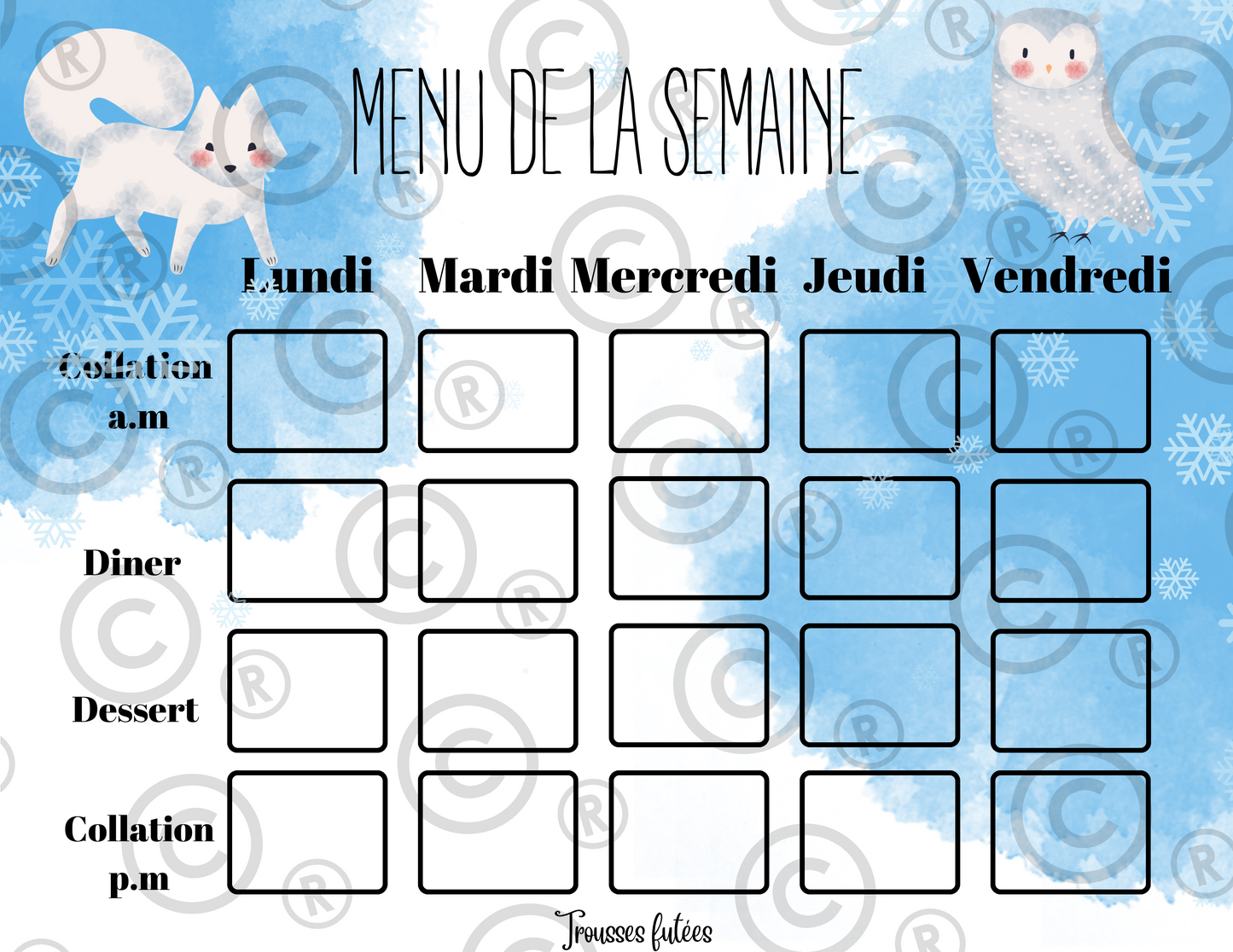 Menu de la semaine - Janvier - 5 pages