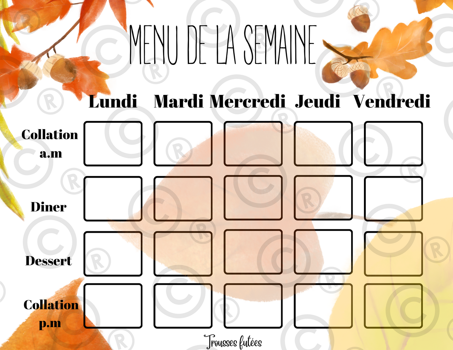 Menu de la semaine - Octobre - 5 pages