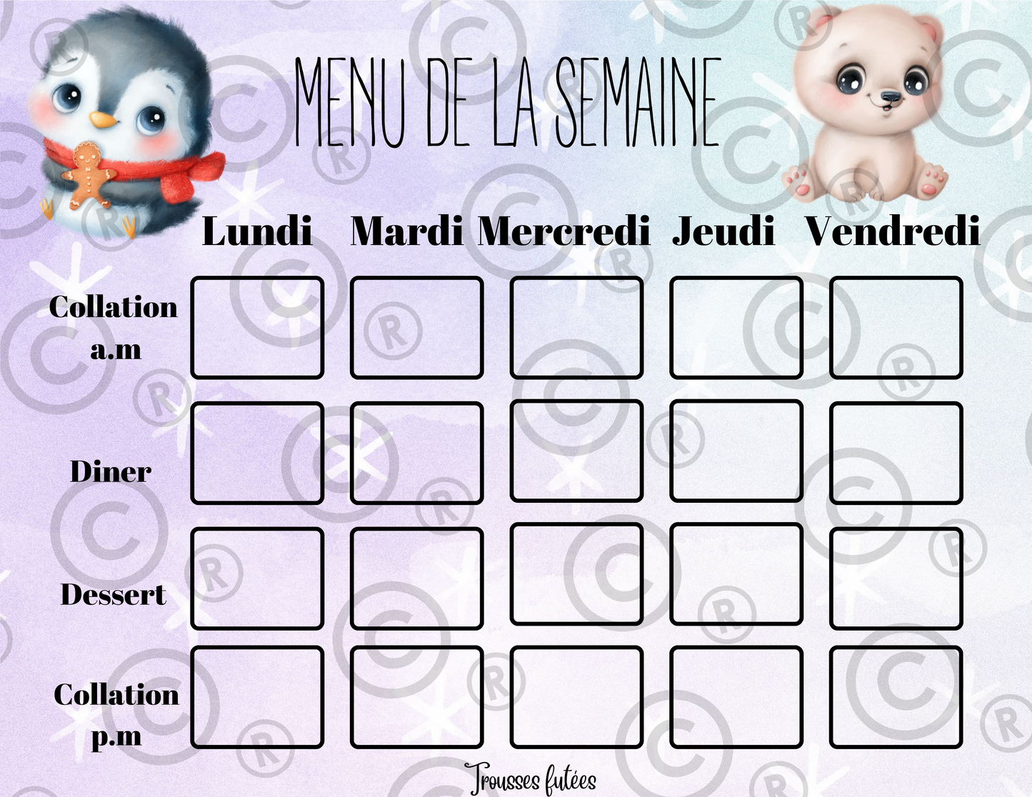 Menu de la semaine - Janvier - 5 pages