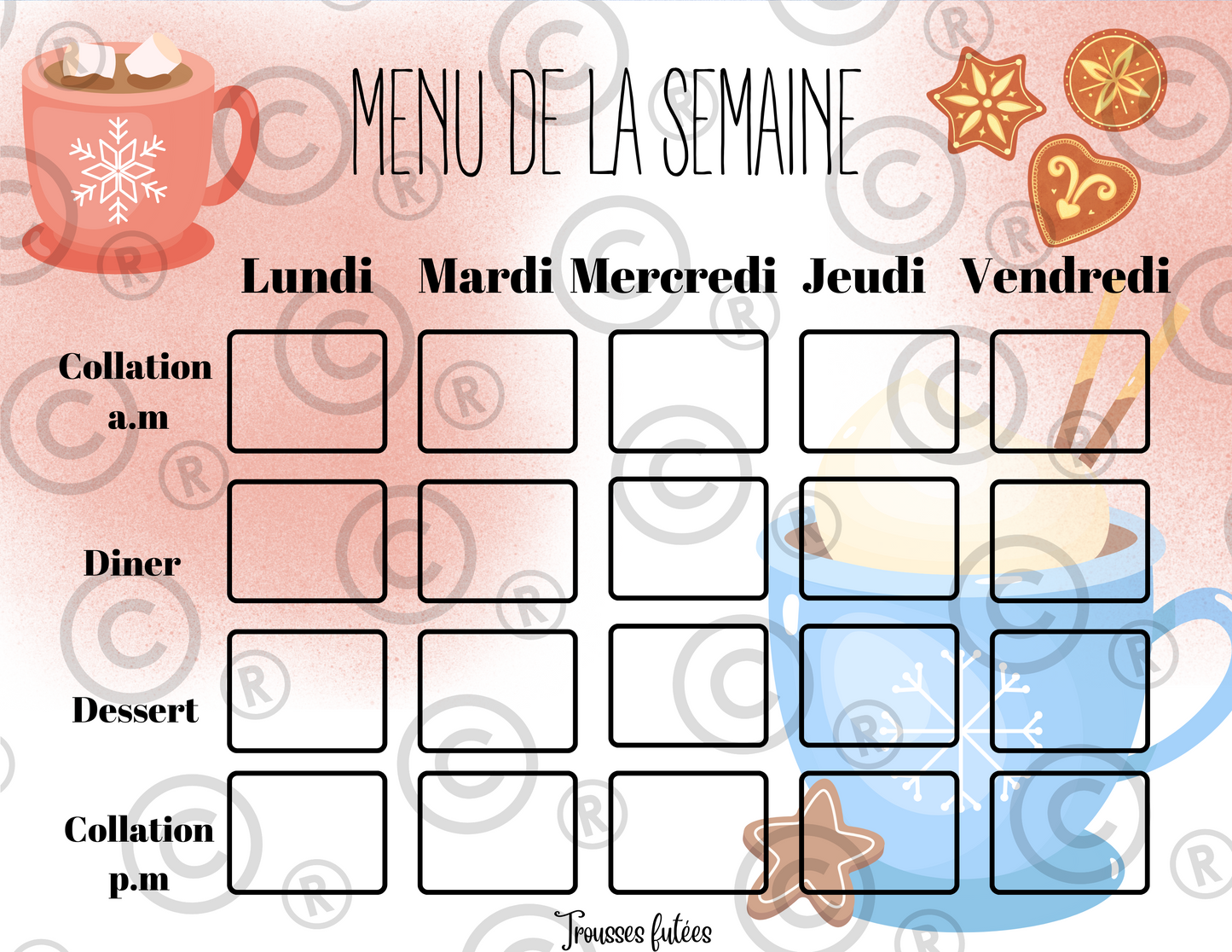 Menu de la semaine - Janvier - 5 pages