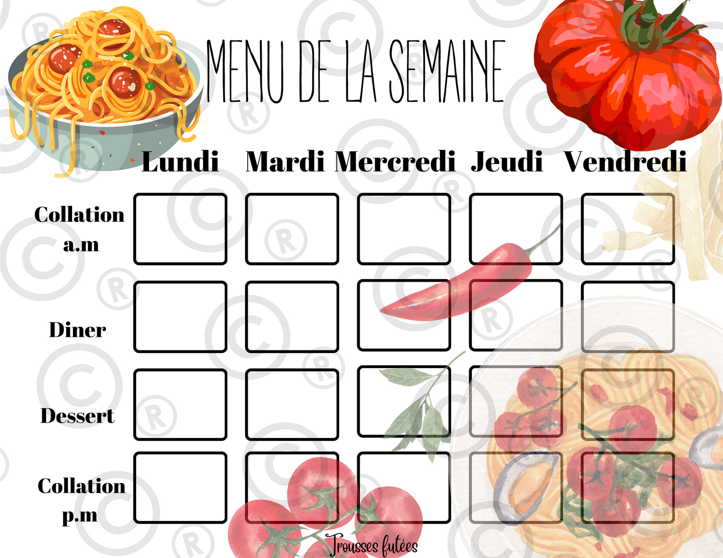 Menu de la semaine - Novembre - 5 pages