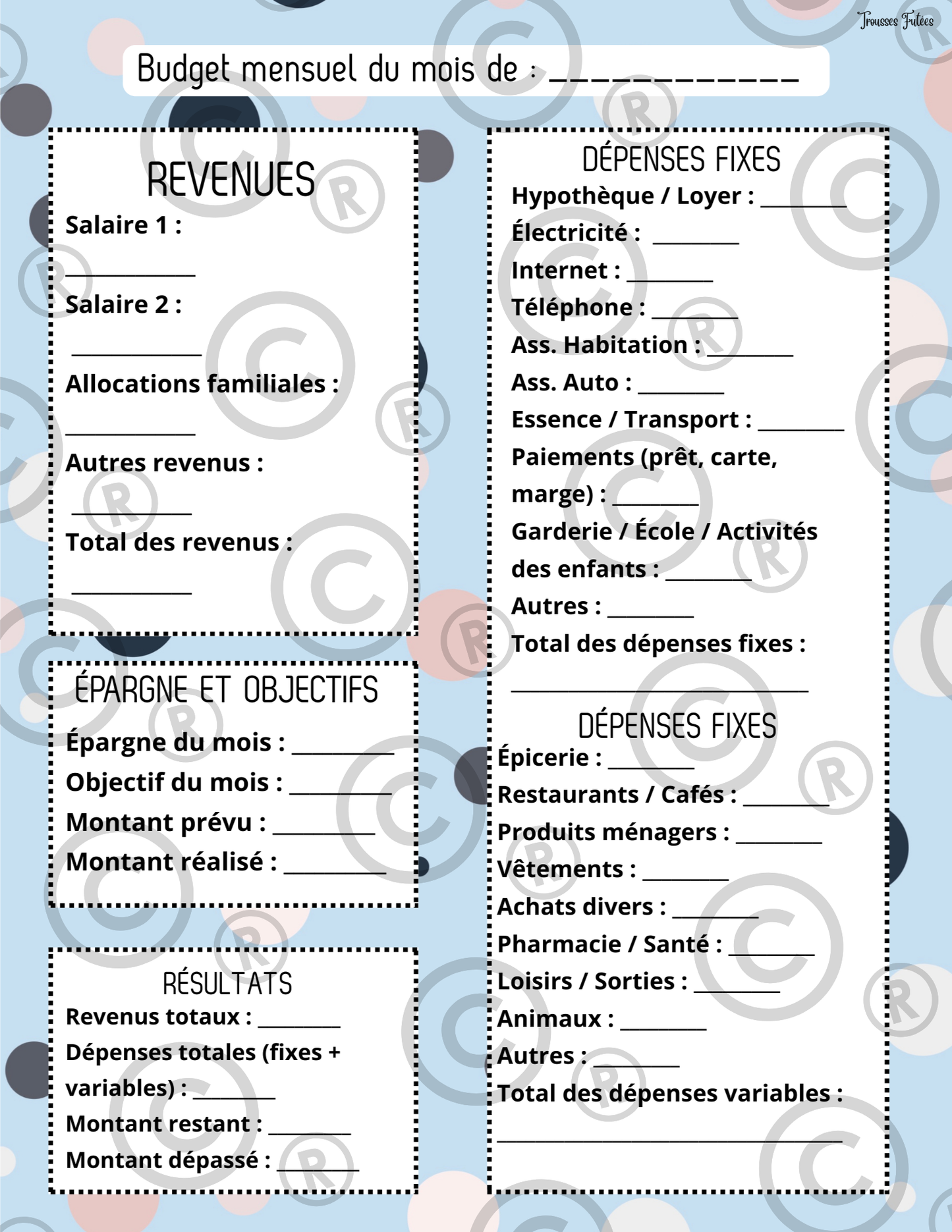 Trousse d'organisation Le Budget et les astuces d'économie - Fiche d'organisation à imprimer