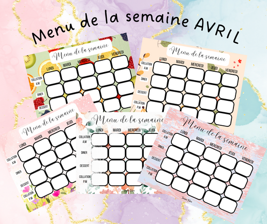 Affiches pour menu de la semaine - Avril - 5 pages