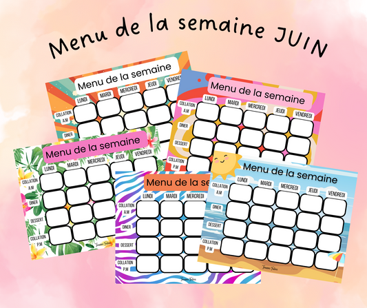 Affiches pour menu de la semaine - Juin - 5 pages