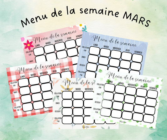 Affiches pour menu de la semaine - Mars - 5 pages