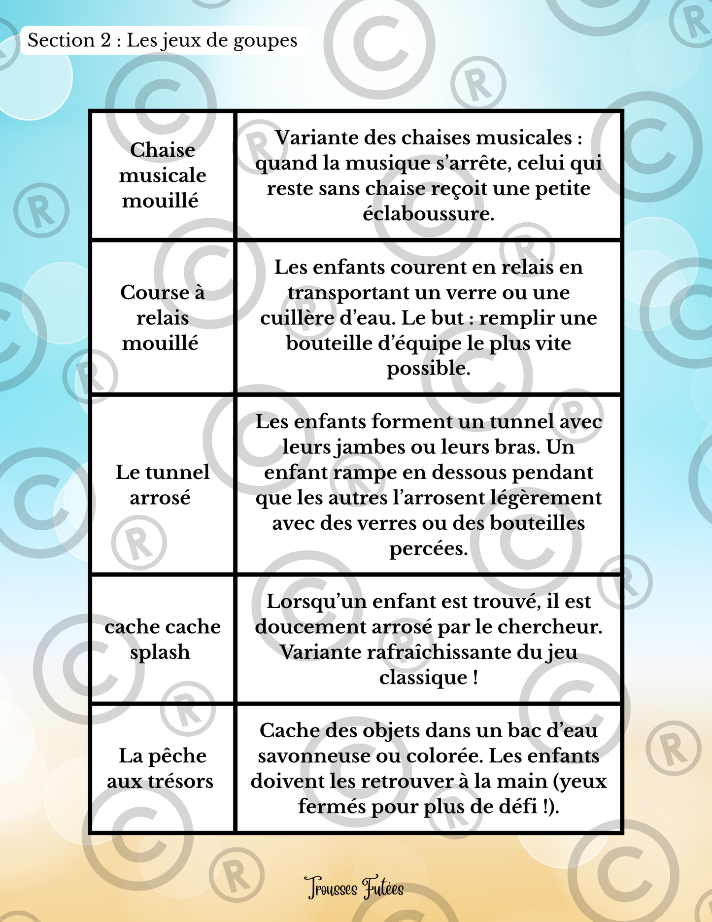 Mini-trousse des jeux d'eau